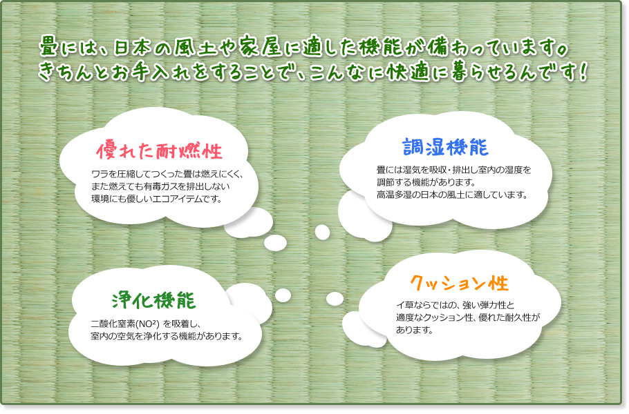 　【優れた耐燃性】　ワラを圧縮してつくった畳は燃えにくく、また燃えても有毒ガスを排出しない環境にも優しいエコアイテムです。　【調湿機能】畳には湿気を吸収・排出し室内の湿度を調節する機能があります。高温多湿の日本の風土に適しています。　【浄化機能】二酸化窒素(NO2) を吸着し、室内の空気を浄化する機能があります。　【クッション性】イ草ならではの、強い弾力性と適度なクッション性、優れた耐久性があります。